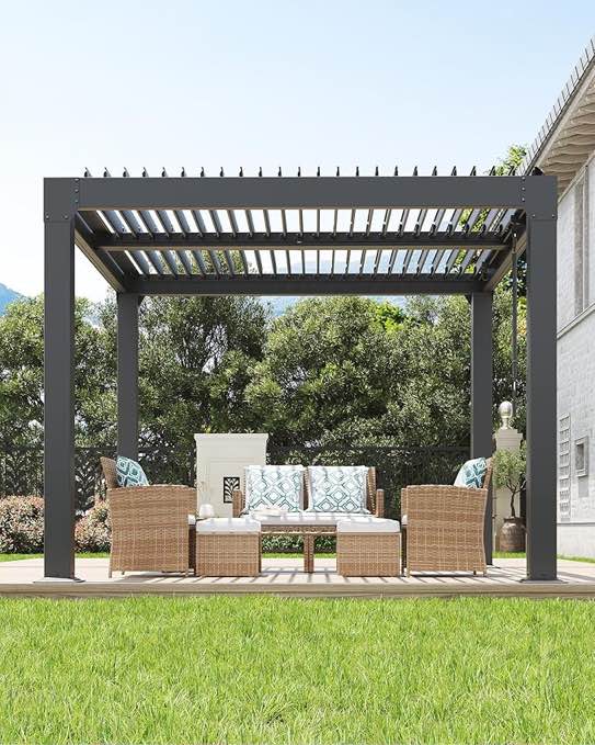 GarveeLife Louvered Pergola 10 ft x10', Outdoor Pergola with Adjustable Louvered Roof, Reinforced Aluminum Frame, Integrated Drainage System, Hardtop Gazebo for Patio, 