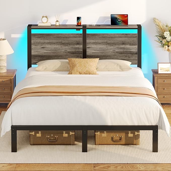 Rolanstar Queen Bed Frame with Charging Station, LED Bed Frame Queen with Wood Storage Headboard, Platform Bed with Metal Slats & Under Bed Storage, No Box Spring Needed, Noise Free, Deep Grey (incomplete only box 2 of 2)