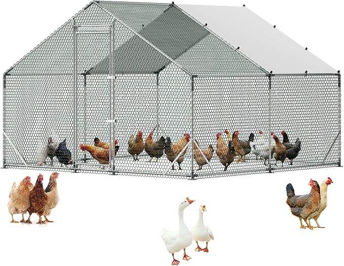 VEVOR Large Metal Chicken Coop,9.8 x 9.8 x 6.6 ft, Walk-in Chicken Run House with Waterproof Cover & Sturdy Frame, Spire Roof Poultry Cage Duck Pen for Rabbit Hen Goose Outdoor Backyard Farm Use ( incomplete )