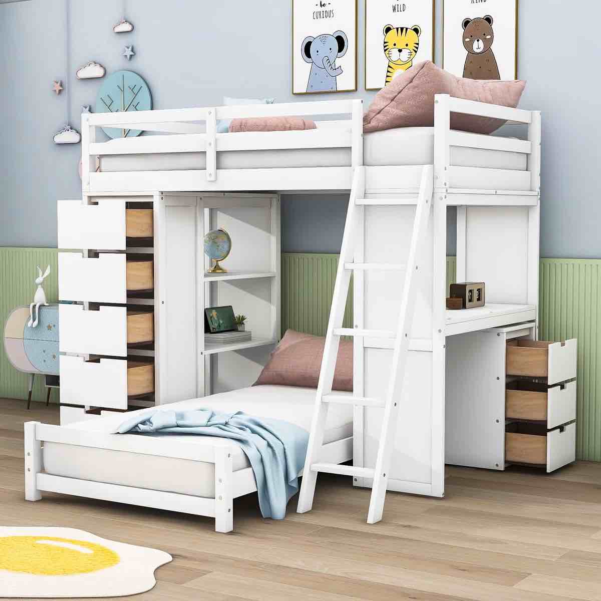 Jacquelina Kids Twin over Twin 8 Drawers Wooden Bunk Bed with LED Light and USB Ports incomplete 