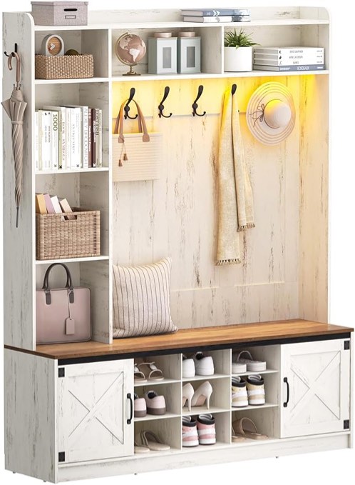 Hzuaneri 59.8" Hall Tree, LED Farmhouse Entryway Storage and Coat Rack Wood, Entryway Furniture with 7 Hooks, Hall Tree with Bench and Storage, 6 Storages Partitions Shoe Bench, Rustic White HT24814B incomplete 