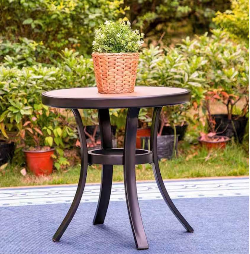 Black Round Metal Patio Outdoor Side Coffee Bistro Table with Wood-Look Tabletop