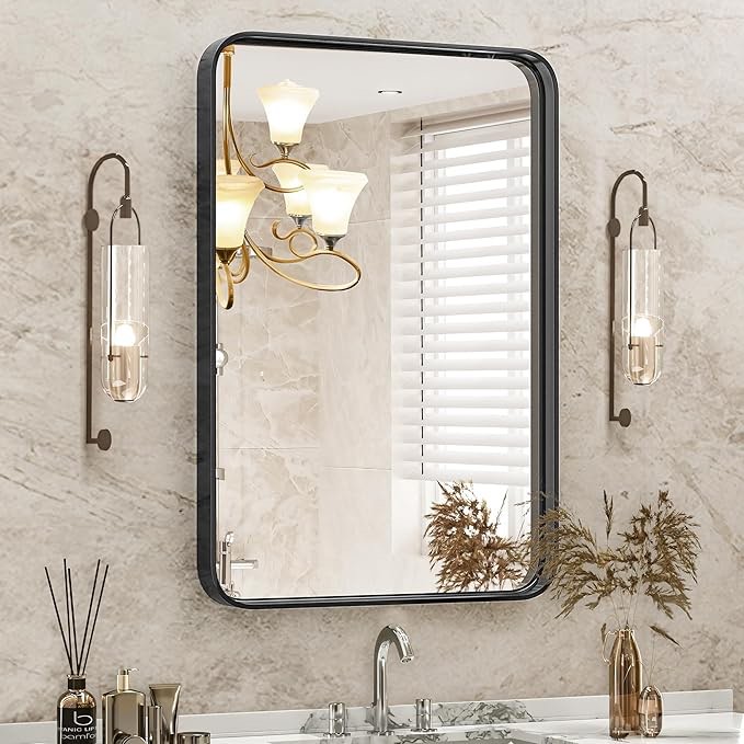 DUMOS Black Metal Framed Vanity Rounded Rectangle Bathroom Mirrors for Over Sink Wall, 24”*36” Inch Matte Large Mirror, Modern Decorative for Restroom, Farmhouse, Horizontally or Vertically Hanging