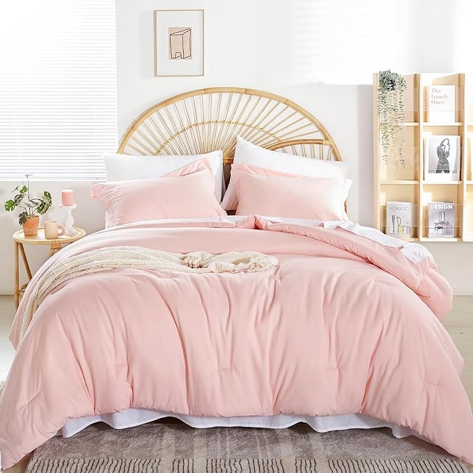 Bedsure Queen Comforter Set Blush Pink Comforter Set 3 pieces Comforters Queen Size Bedding Set with Flat Sheets, Fitted Sheet, Pillow Shams, Pillowcases for All Season