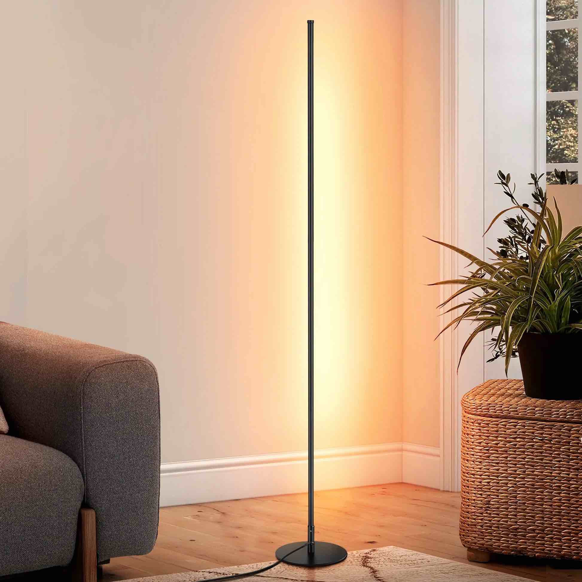 dewenwils led corner floor lamp, 57.5" minimalist dimmable light, standing tall lamp for living room, bedroom, office, warm white light (black)-