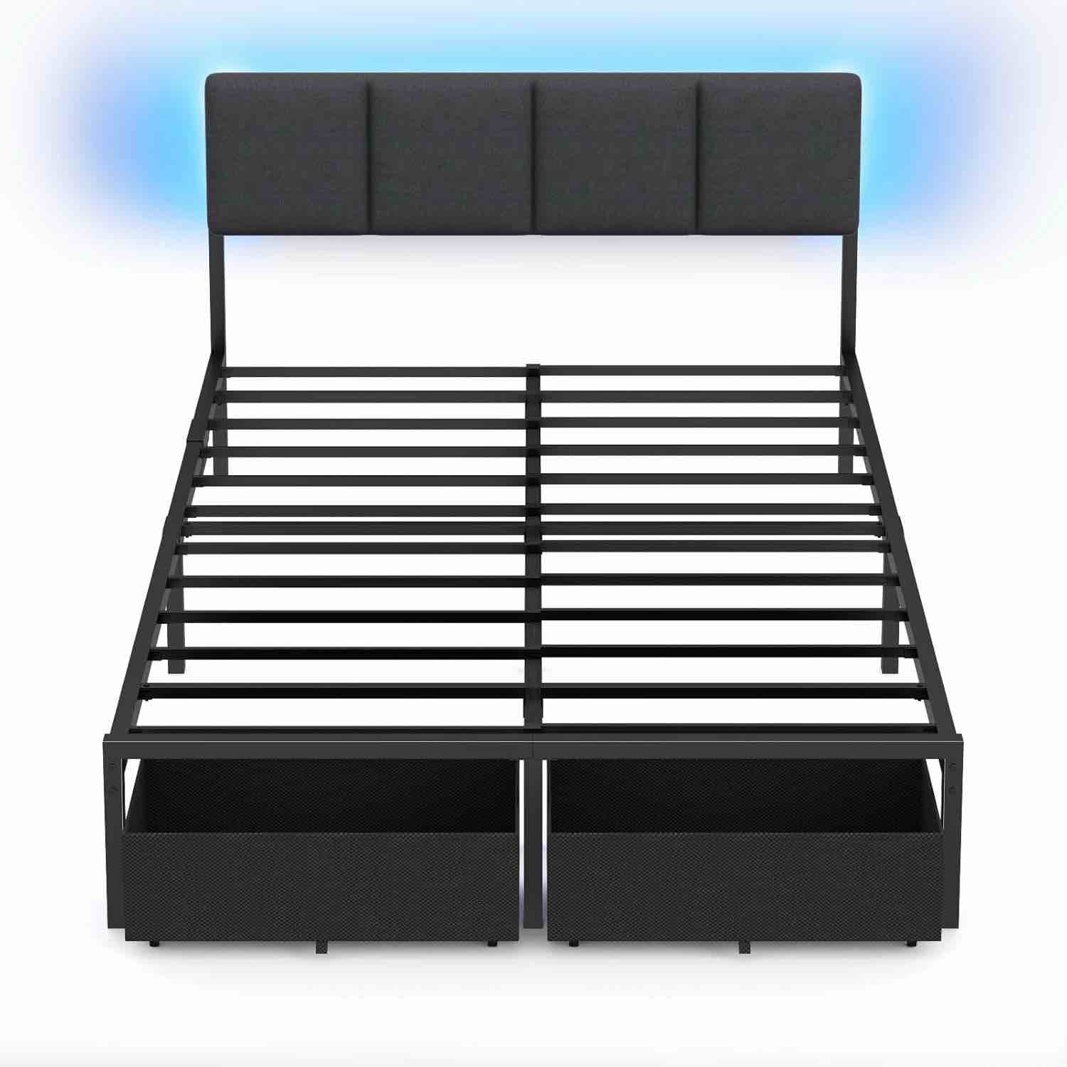 Furologee Bed Frame with Headboard Upholstered Full Bed Frame with LED Light and USB Charging Station Platform Bedframe with 