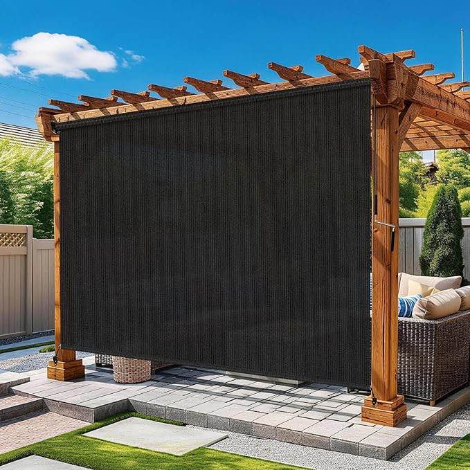 outdoor roller shades for patio black, 90% uv block & privacy protection outdoor blinds, cordless porch shades outdoor roll up with splicing design 15-min install