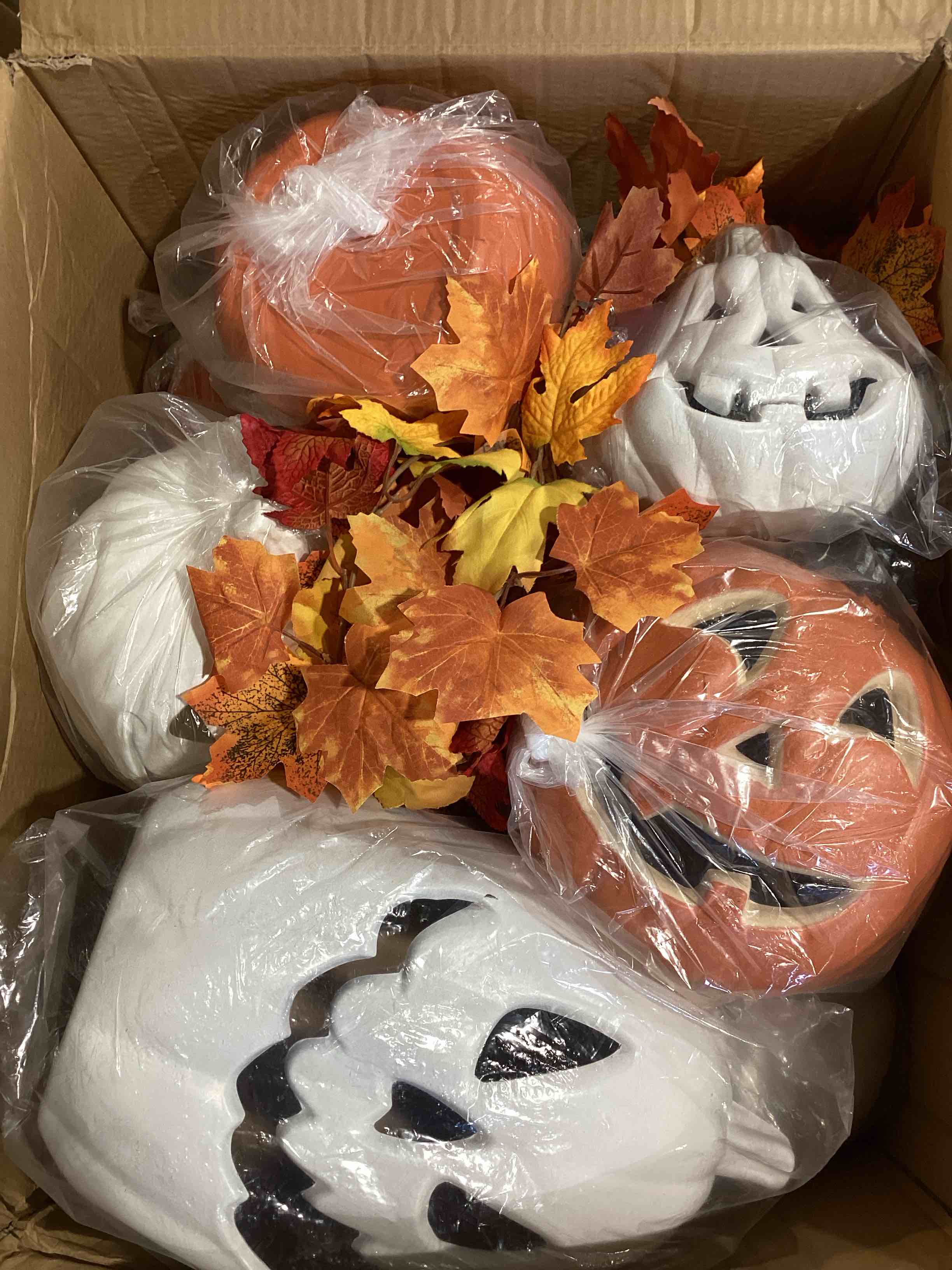 Condition photo showing Good Condition for 14 pcs thanksgiving day pumpkins lanterns decorations set light up plastic jack o lantern pumpkin lamp led lights with 2 fall maple leaves garland for outdoor indoor party decor gifts