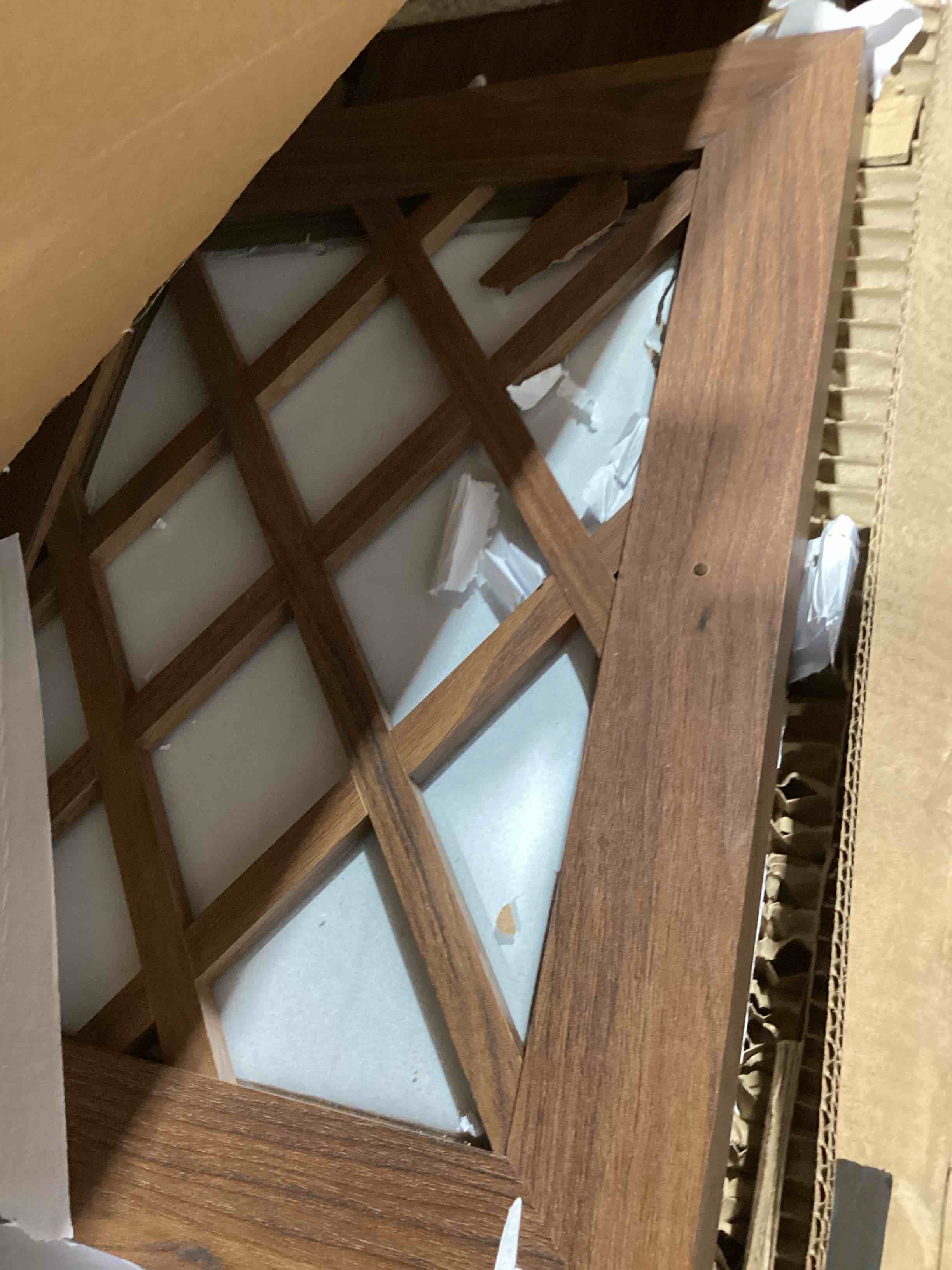 Condition photo showing As Is for incomplete:better homes & gardens trellis tv stand for tvs up to 65", walnut