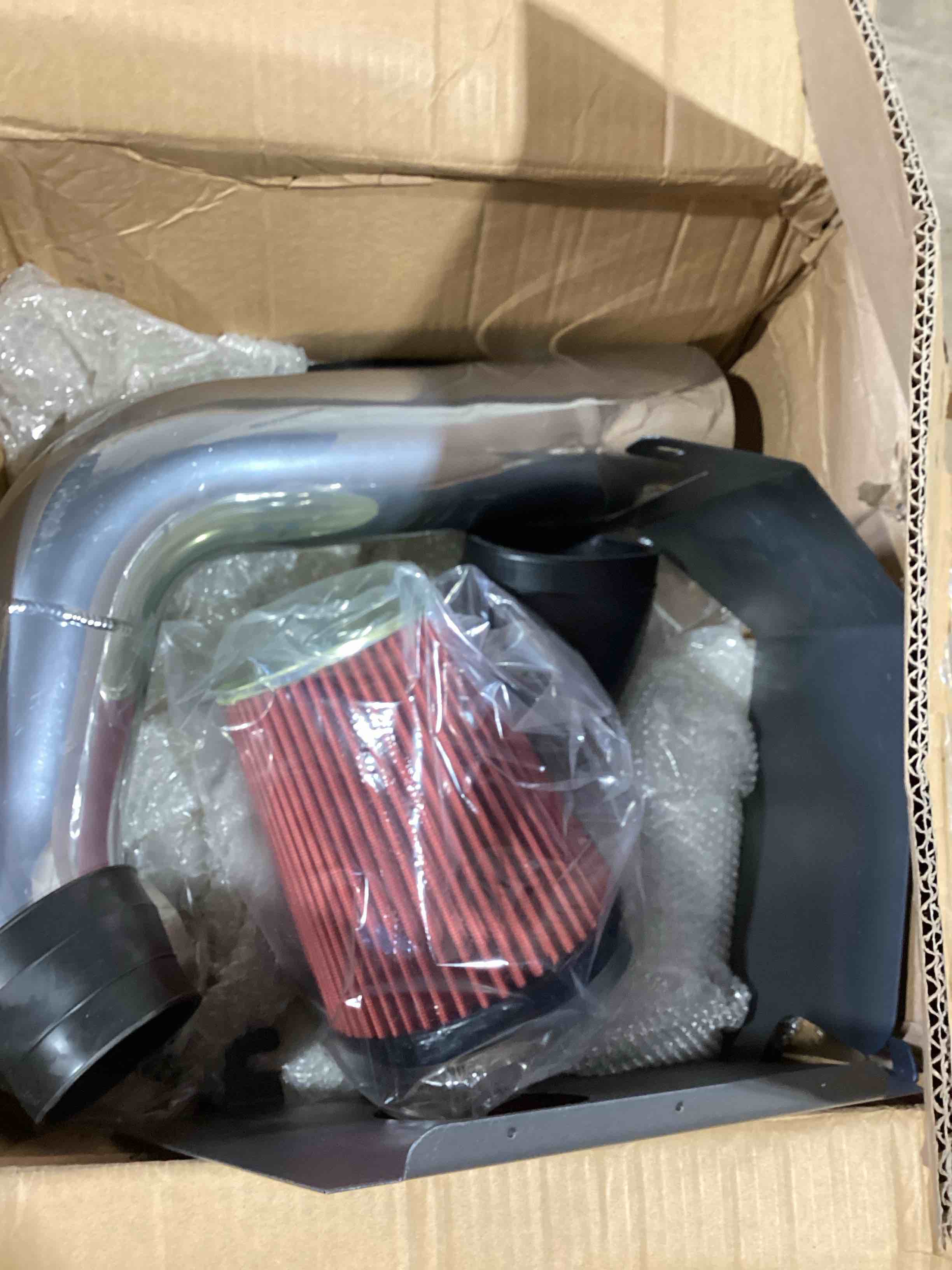 Condition photo showing As Is for 4'' cold air tube with filters with heat shield compatible with 2003-2007 dodge ram 2500/3500 5.9l 359cu. in. l6 diesel ohv turbocharged, red