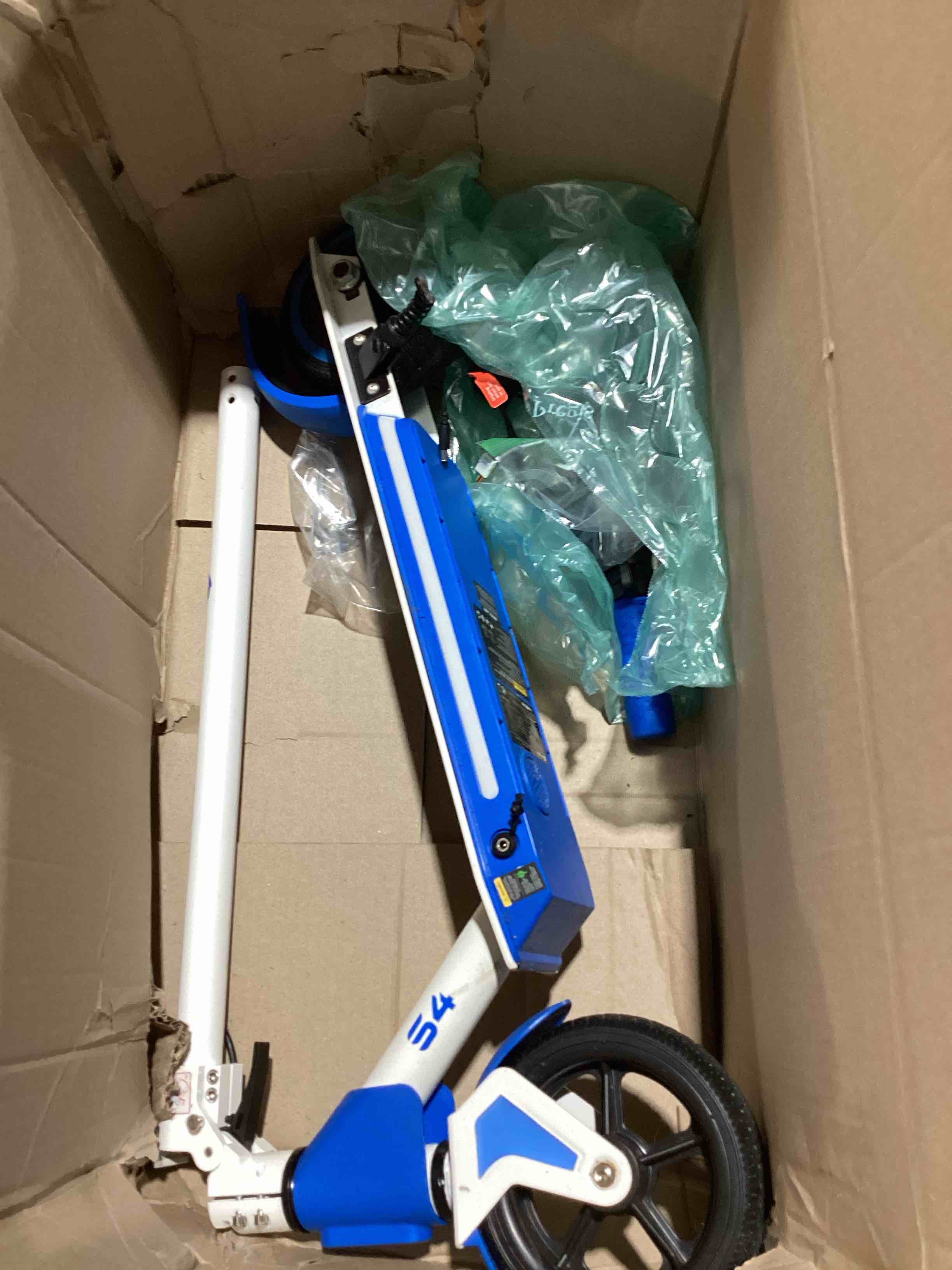 Condition photo showing As Is for incomplete: isinwheel electric scooter for kids ages 6-14, 200w/250w foldable kids electric scooter with 3 speeds (5/8/12 mph), adjusrable handerbar, dual brakes, led display, colorful lights, gift for kid