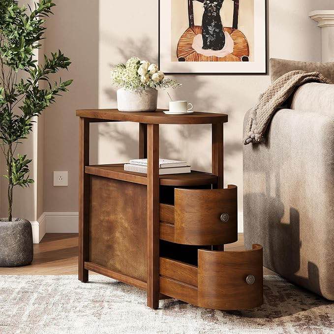 solid wood side table, narrow bedside table, sofa table with 2 drawers & shelf, vintage brown, no assembly required, compact sofa end table for living room, bedroom