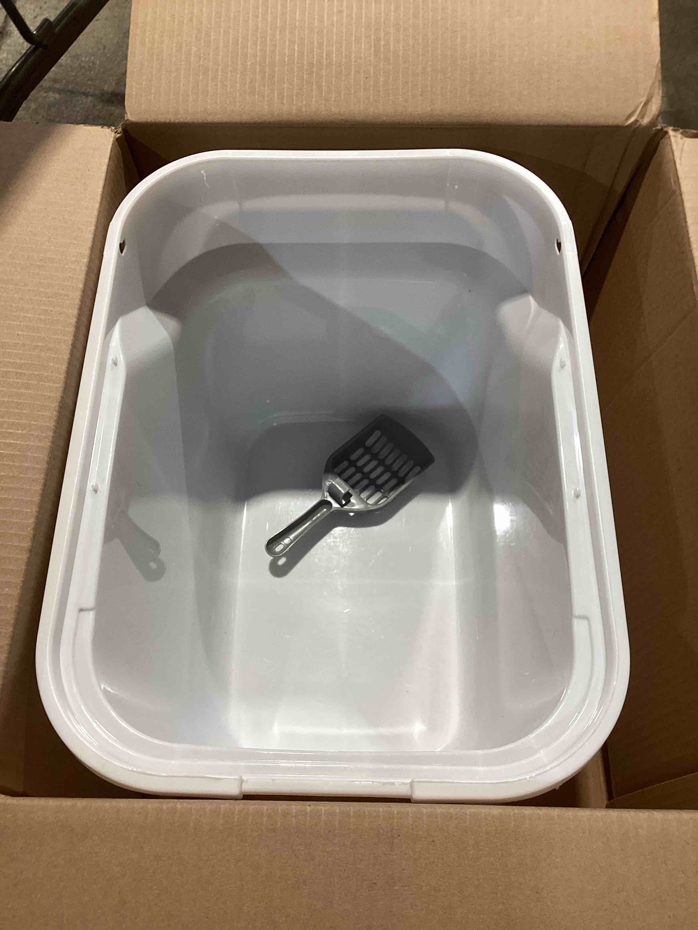 Condition photo showing As Is for incomplete iris usa cat litter box large top entry with lid, enclosed litter box with litter catching lid & scoop, covered cat litter box enclosure for privacy, high sided, white/gray rectangular white w/ scoop