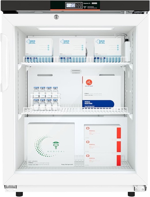 Condition photo showing As Is for koolmore 4.5 cu ft countertop medical pharmacy refrigerator with emergency backup battery for temperature display and alarm in white, ul listed (km-phr-45c