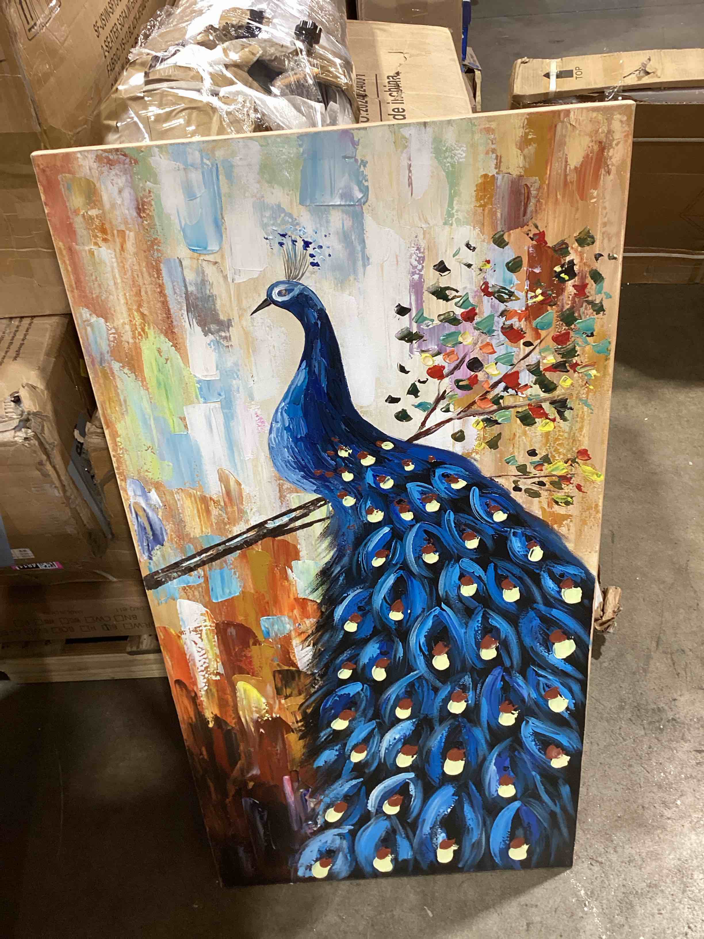 Condition photo showing Good Condition for dark blue peacock canvas wall art animal bird paintings 3d textured handmade oil paintings on canvas modern home decor art pictures wall decor for living room hallway stretched and framed 24"x48"