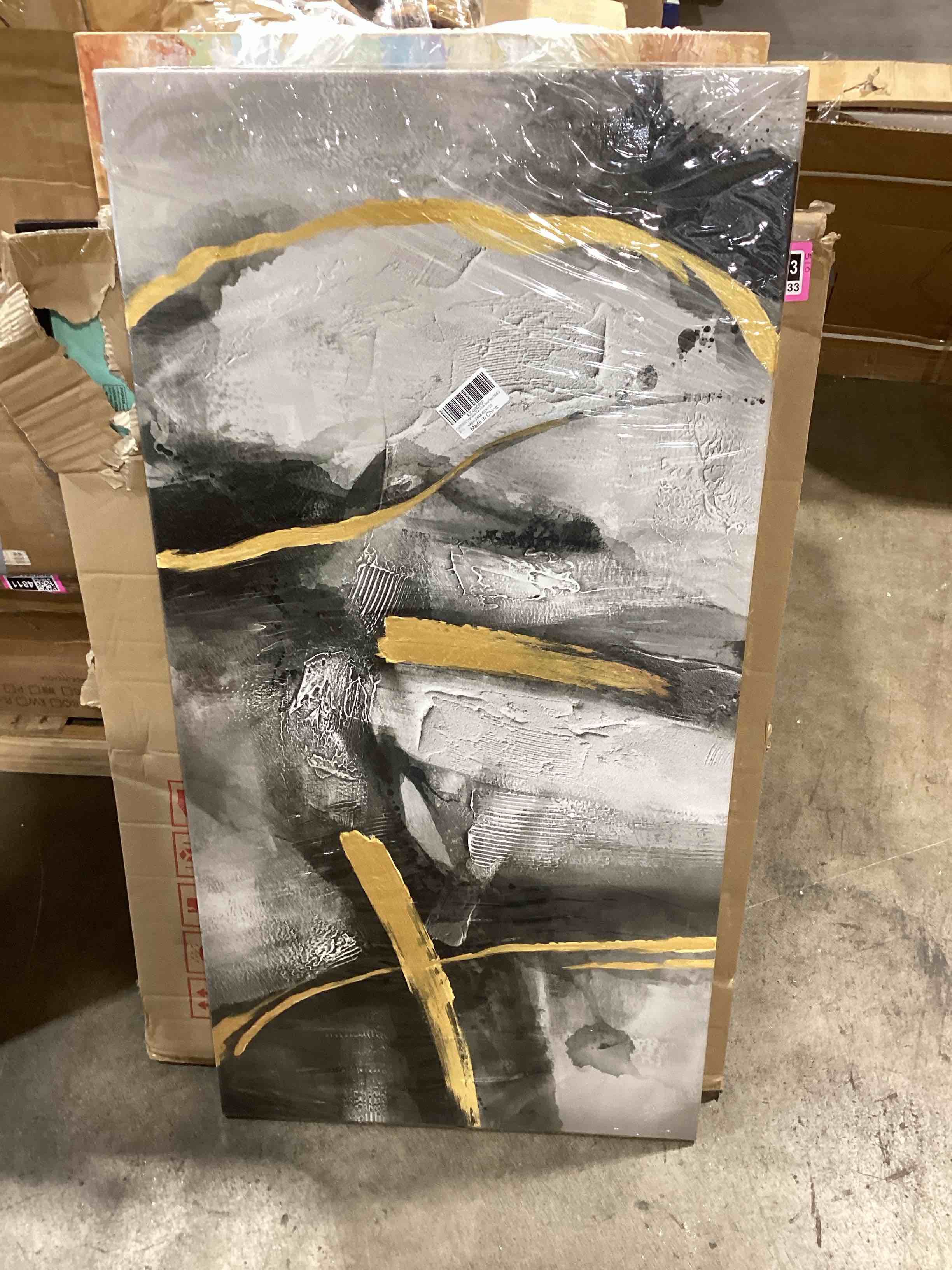 Condition photo showing Good Condition for large framed wall art decor - abstract black and gray wall pictures living room hand-painted dream painting golden canvas prints as bedroom kitchen dining room cafe home decor 24x48 in 48"l x 24"w black grey gold