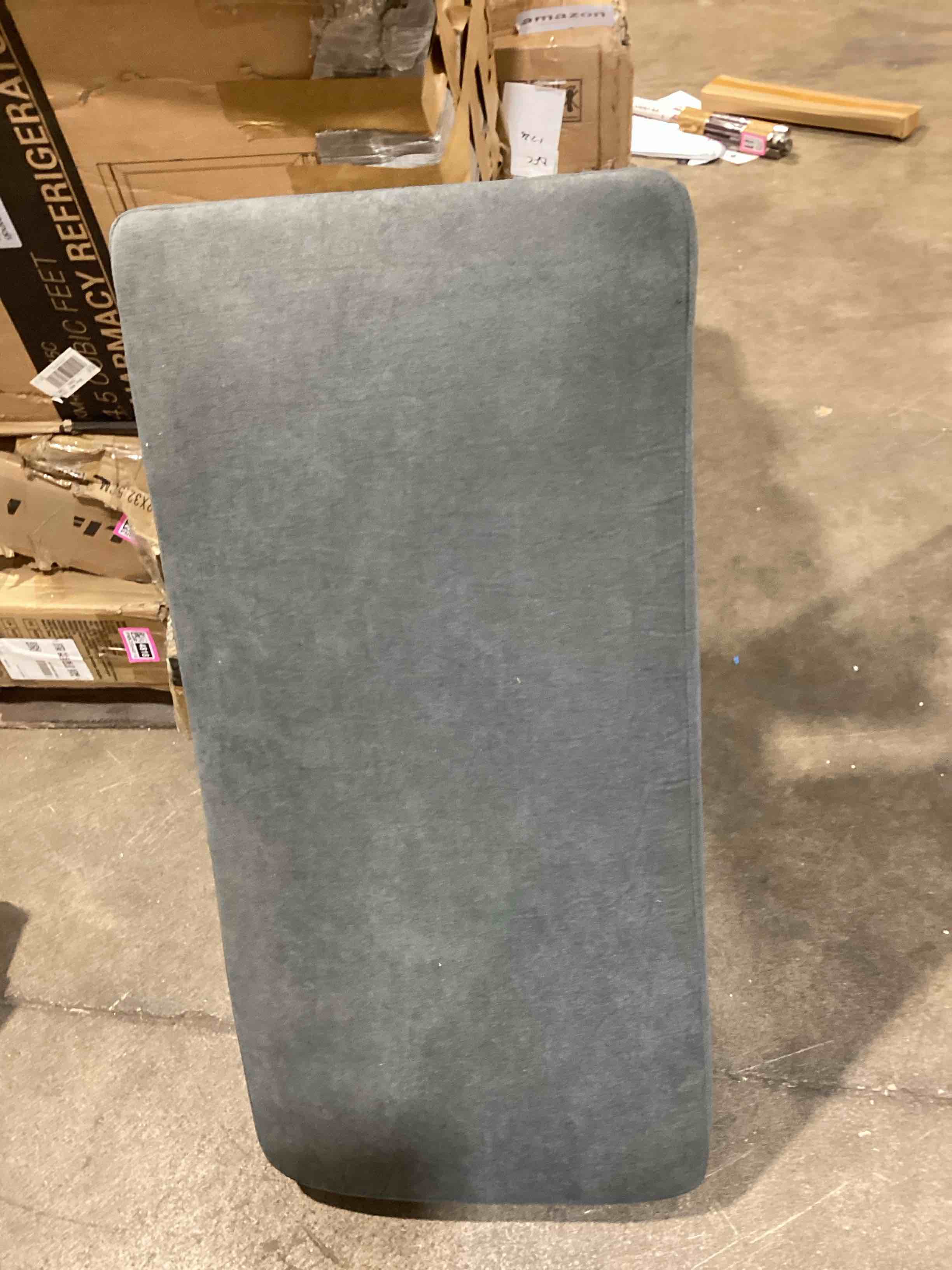 Condition photo showing As Is for 1 comfy back cushion, beveled armrests, bedroom, apartment, chenille, gray