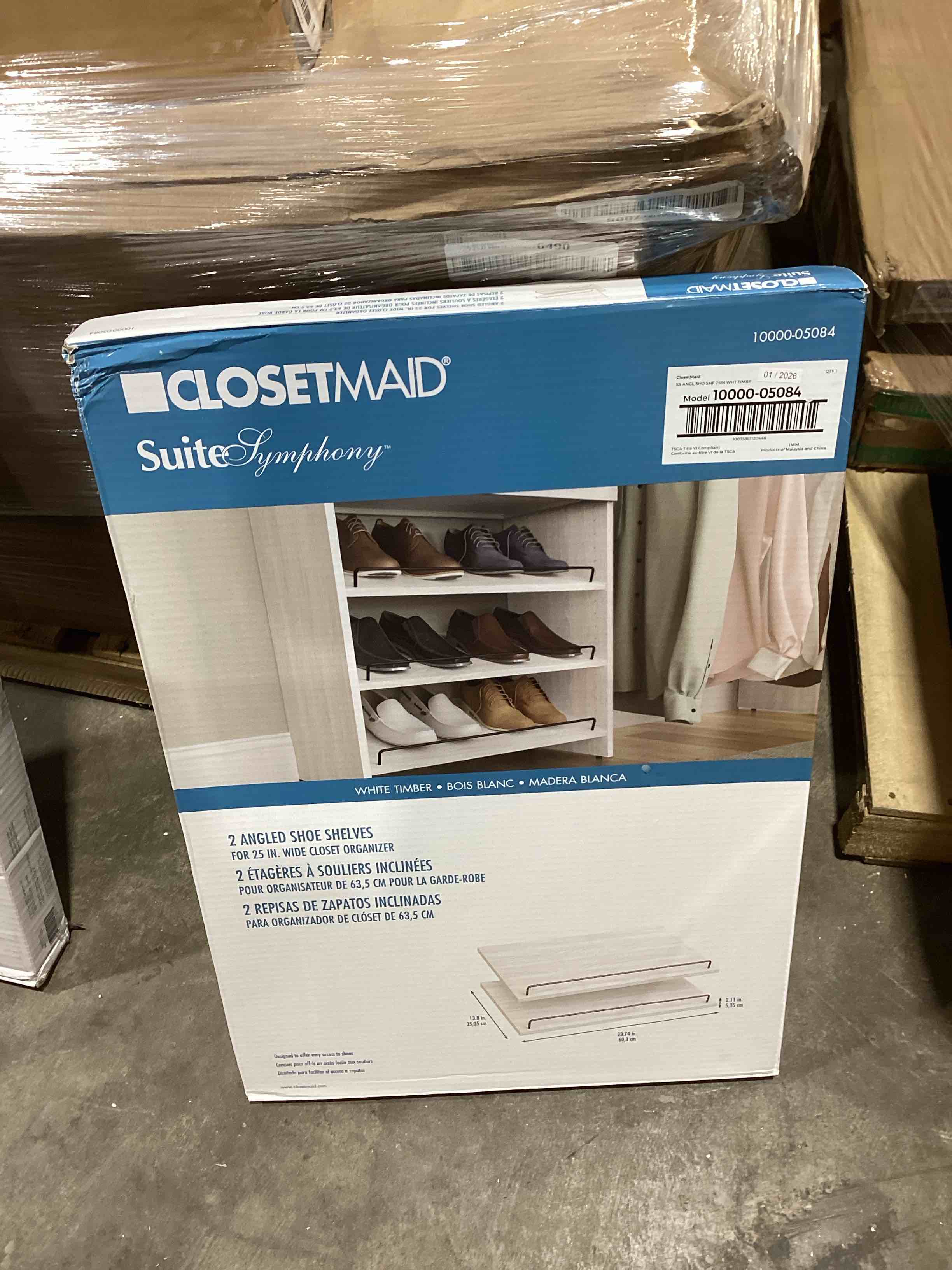 Condition photo showing Good Condition for closetmaid suitesymphony closet add-on accessory, 25-inch wide wood angled shoe shelf, 2-pack, white timber
