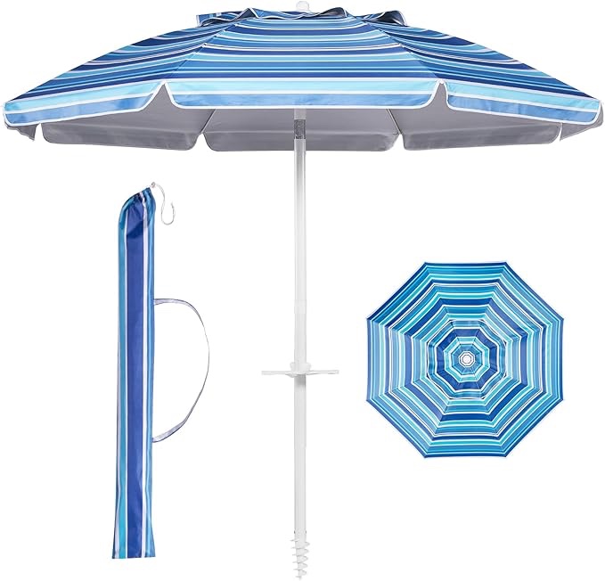 Aoxun 8FT Large Beach Umbrella with Heavy Duty Sand Anchor and Carry Bag, UPF 50+ Sun Shelter Air Vents Design for Outdoor Activities (Navy Blue & White)