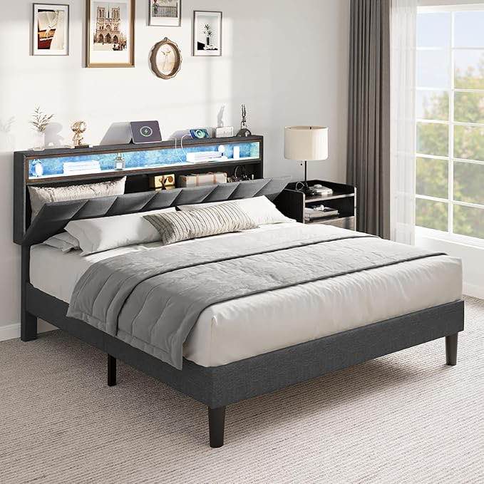 queen size upholstered bed frame, led bed frame with storage headboard, platform bed with outlet & usb ports, no box spring needed, easy assembly, grey