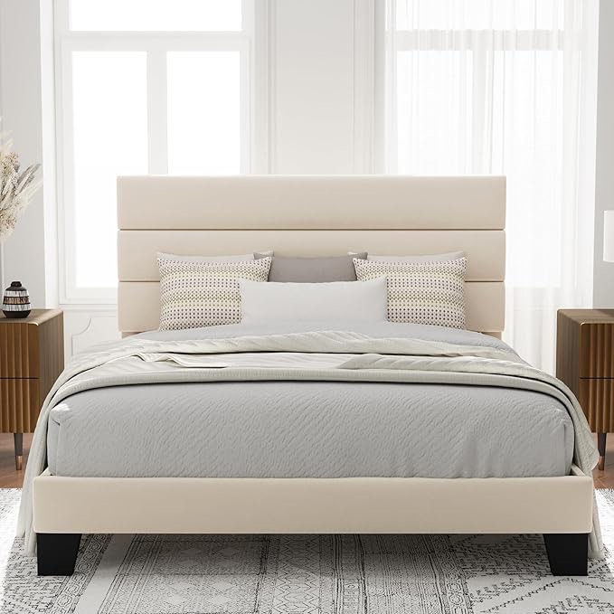 allewie queen size platform bed frame with velvet upholstered headboard and wooden slats support, fully upholstered mattress foundation/no box spring needed/easy assembly, cream