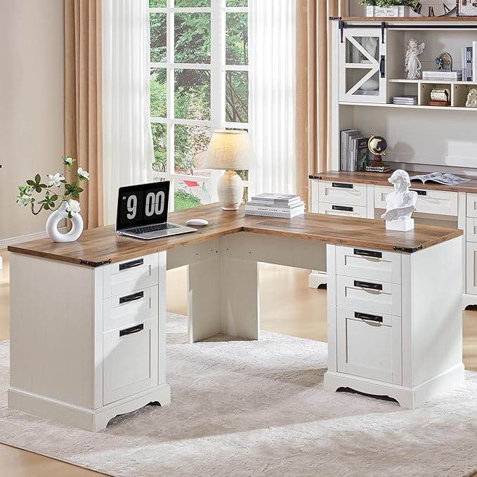 redlemon 60" farmhouse l shaped executive desk with drawers, wood home office corner desk with charging station, file drawer, storage cabinet, rustic computer writing desk (oak white ) incomplete 