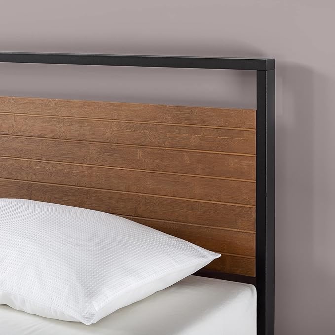 zinus aline metal platform bed ith double-slat headboard, goll  queen 