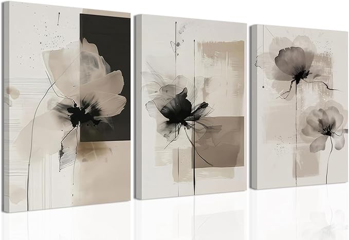 3Pcs Framed Neutral Abstract Canvas Wall Art Floral Pictures Modern Minimalist Posters Prints Beige Brown Black Flower Wall Decoration for Living Room Bedroom Bathroom Office 12x16in