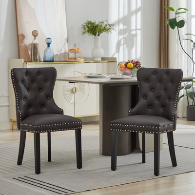 PU Leather Dining Chairs with Pull Ring brown (Set of 2)