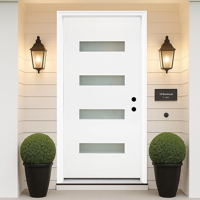 36" X 80" Fiberglass Entry Door with Brickmould, 4-Lite Frosted Glass - Contemporary Style for Home's Front Entrance, Left Hand Inswing, Vinyl Frame, Primed Knock-Down Entry Door