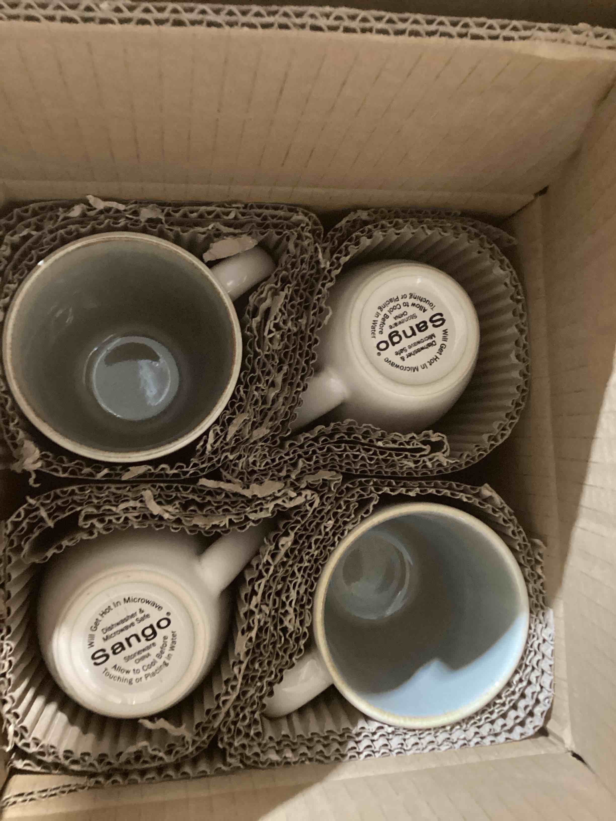 Condition photo showing New/Like New for sango resona moss stoneware heat resistant coffee mugs, microwave and oven safe, 12 oz, white, 4 count