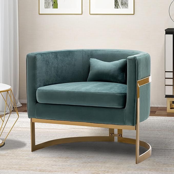 Velvet Accent Chair, Modern Upholstered Arm Chair for Living Room Bedroom Sofa Side Chair Velvet Barrel Chair with Gold Legs Lake Blue