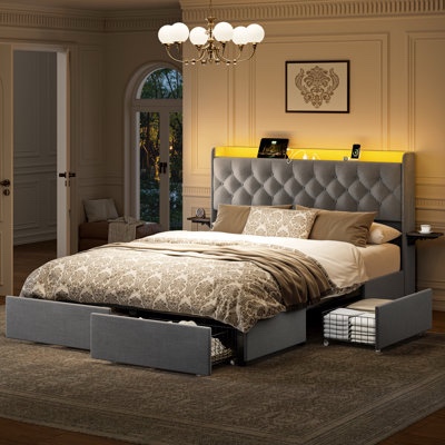 IKIFLY 49.2" Tall Queer Size Bed Frame with 4 Storage Drawers, Velvet Upholstered Platform Bed with Wingback Storage Headboard, LED Lights & Charging Station, No Box Spring Needed, Noise Free, grey  incomplete 