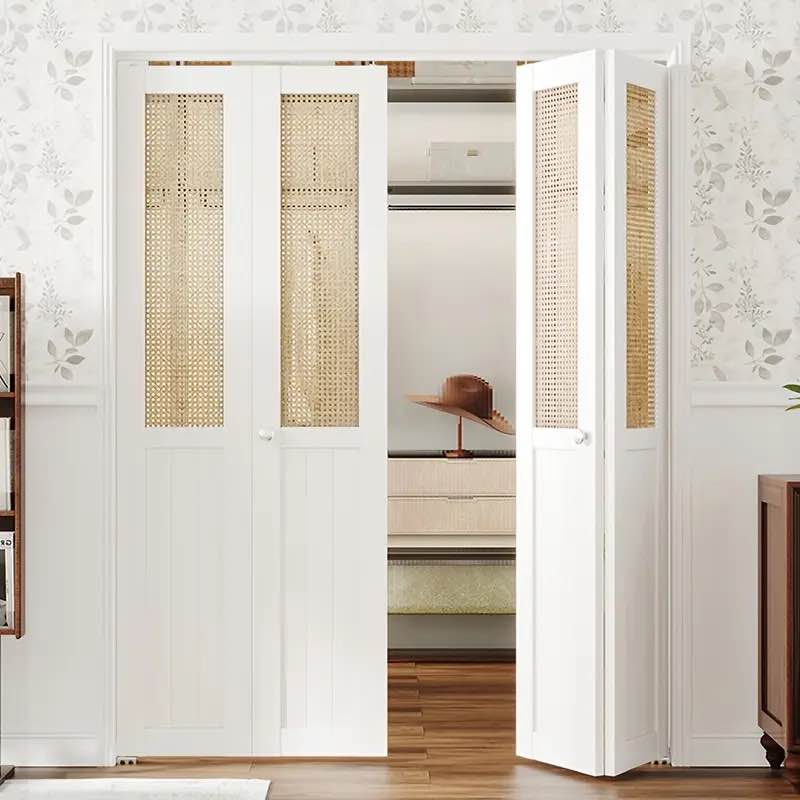 warehouseTENONER 30"/60" x 80" White Bi-Fold Closet Door - Rattan & Wood, MDF Construction with Hardware, Webbing & Inner Panel, Elegant Floral Pattern for Stylish Home Decor incomplete 