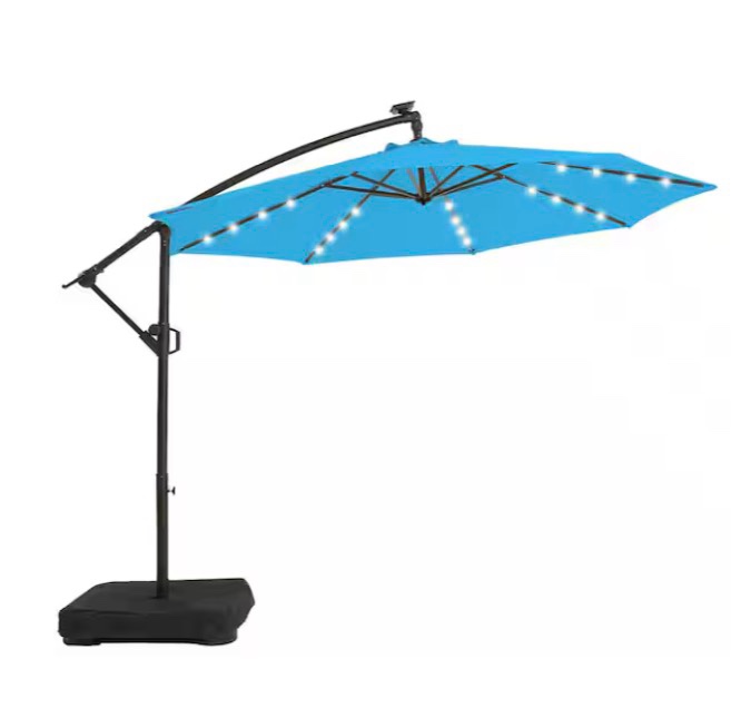 10 ft. Solar LED Patio Offset Umbrella Outdoor Cantilever Umbrella with Weighted Base Sky Blue incomplete 
