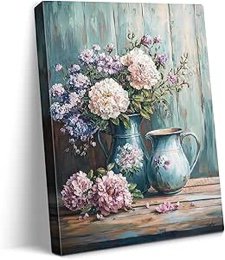 vandlife rustic flower canvas wall art antique blue vases overflowing with peonies hydrangeas on distressed teal wooden backdrop painting print for living room bedroom decor framed 12x16in