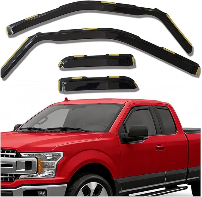 in-channel window visors vent deflectors rain guards for truck 2015-2020 ford f-150 extended/supercab, 2017-2022 f-250 f-350 super duty, wind deflector sun shade car accessories for f150 dark smoke