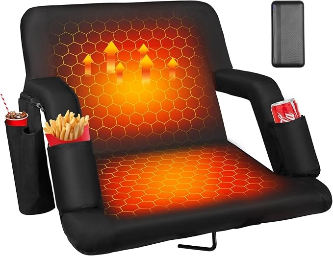 heated bleacher seat with backrest with 5v 20000mah battery heated stadium seats for bleachers with back support wide 20"/25" heated stadium chair 6 reclinng positions 3 heating levels