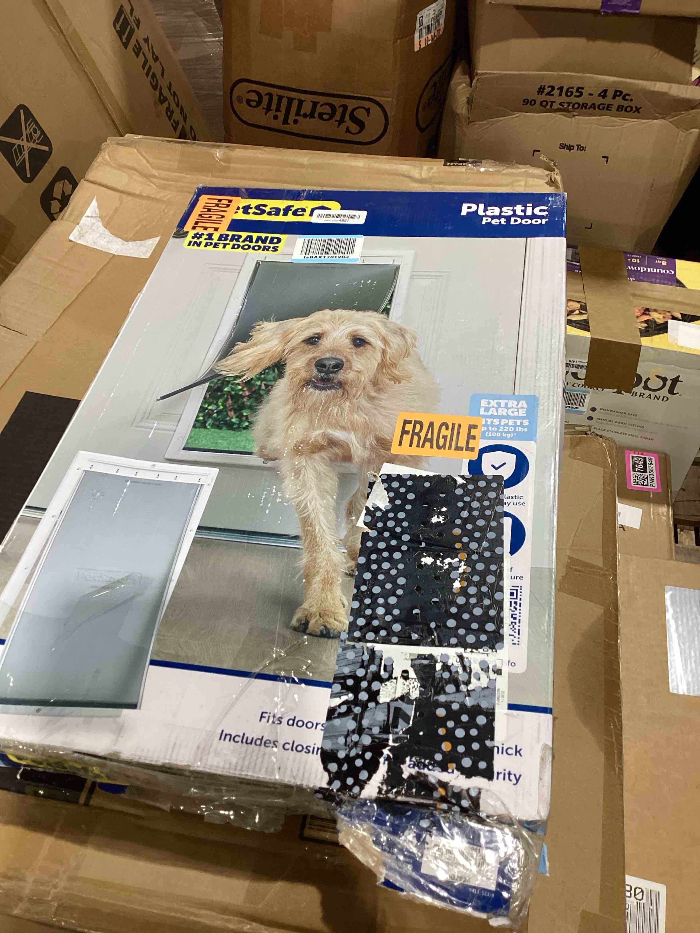 Condition photo showing Good Condition for petsafe never rust dog & cat plastic door, x-large, for pets up to 220 lb, paintable, easy diy installation, closing panel included, install in interior & exterior doors or walls, durable extra large