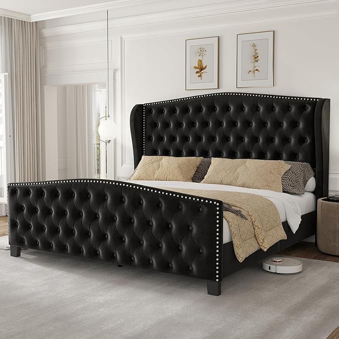 larmace king size bed frame velvet upholstered platform bed with wingback headboard & footbaord, deep button tufted bed frame with wood slats support, no box spring needed, black