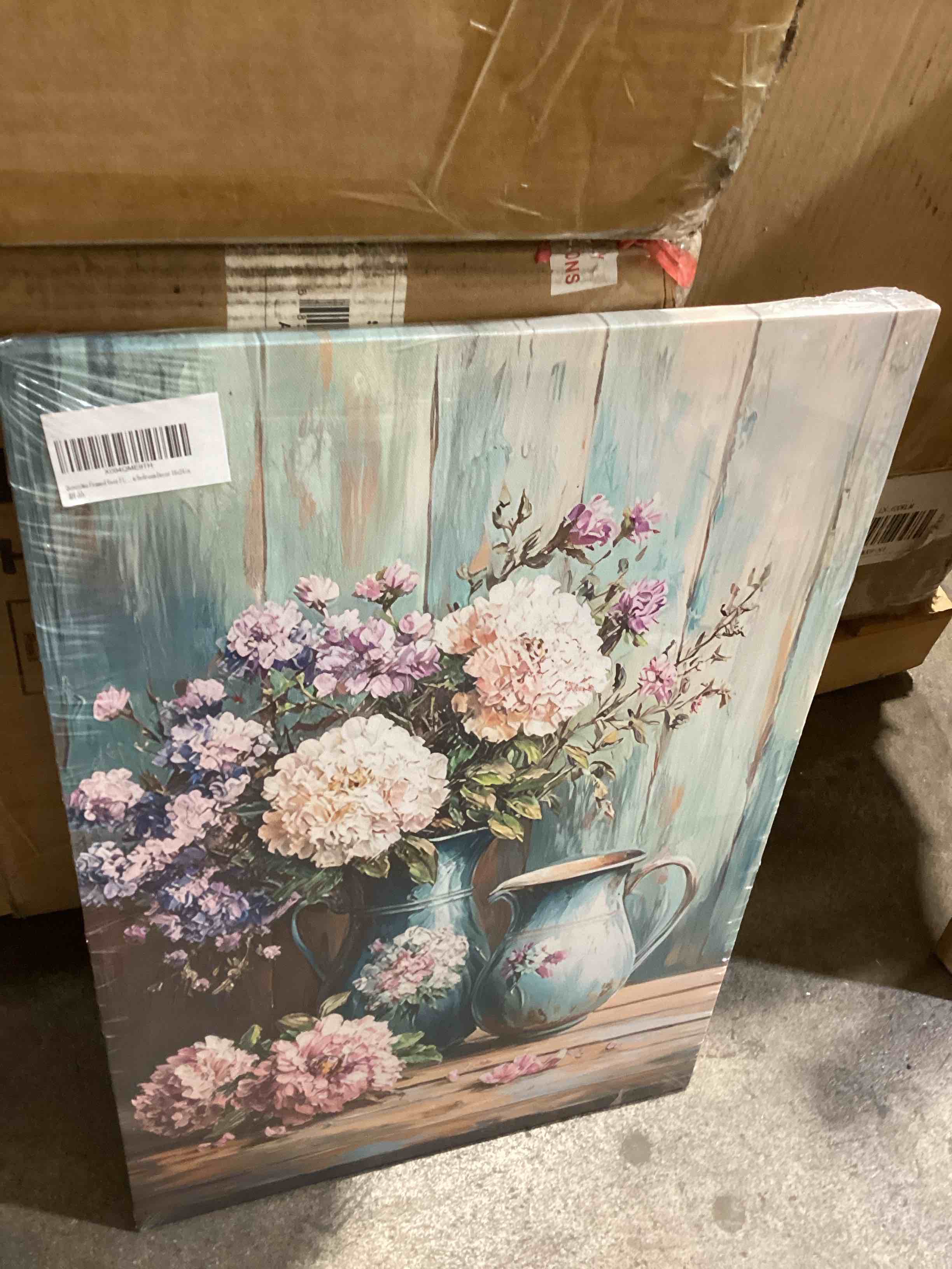 Condition photo showing Good Condition for vandlife rustic flower canvas wall art antique blue vases overflowing with peonies hydrangeas on distressed teal wooden backdrop painting print for living room bedroom decor framed 12x16in
