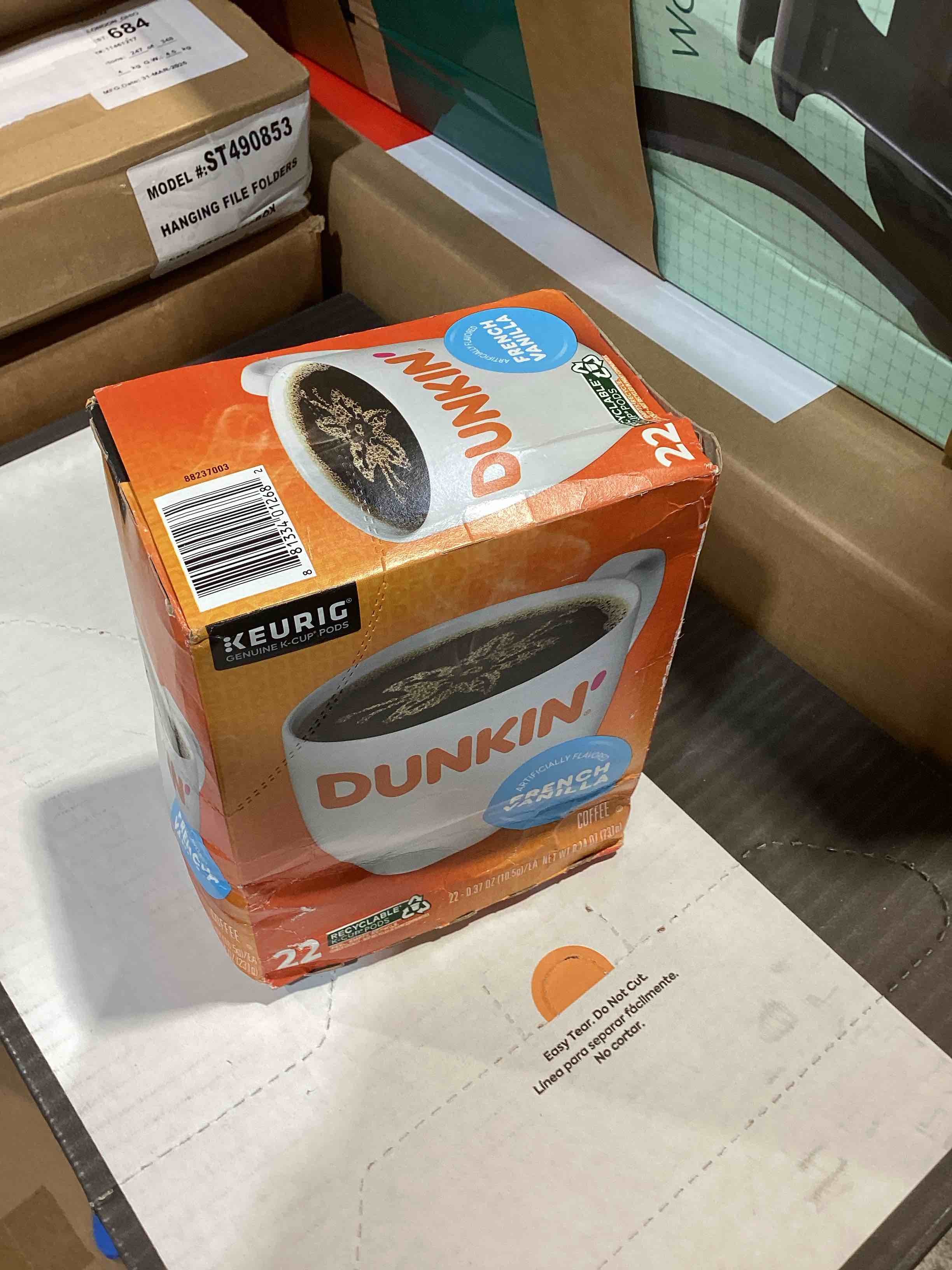 Condition photo showing As Is for dunkin' french vanilla flavored coffee, 22 keurig k-cup pods best: by 07/06/2027