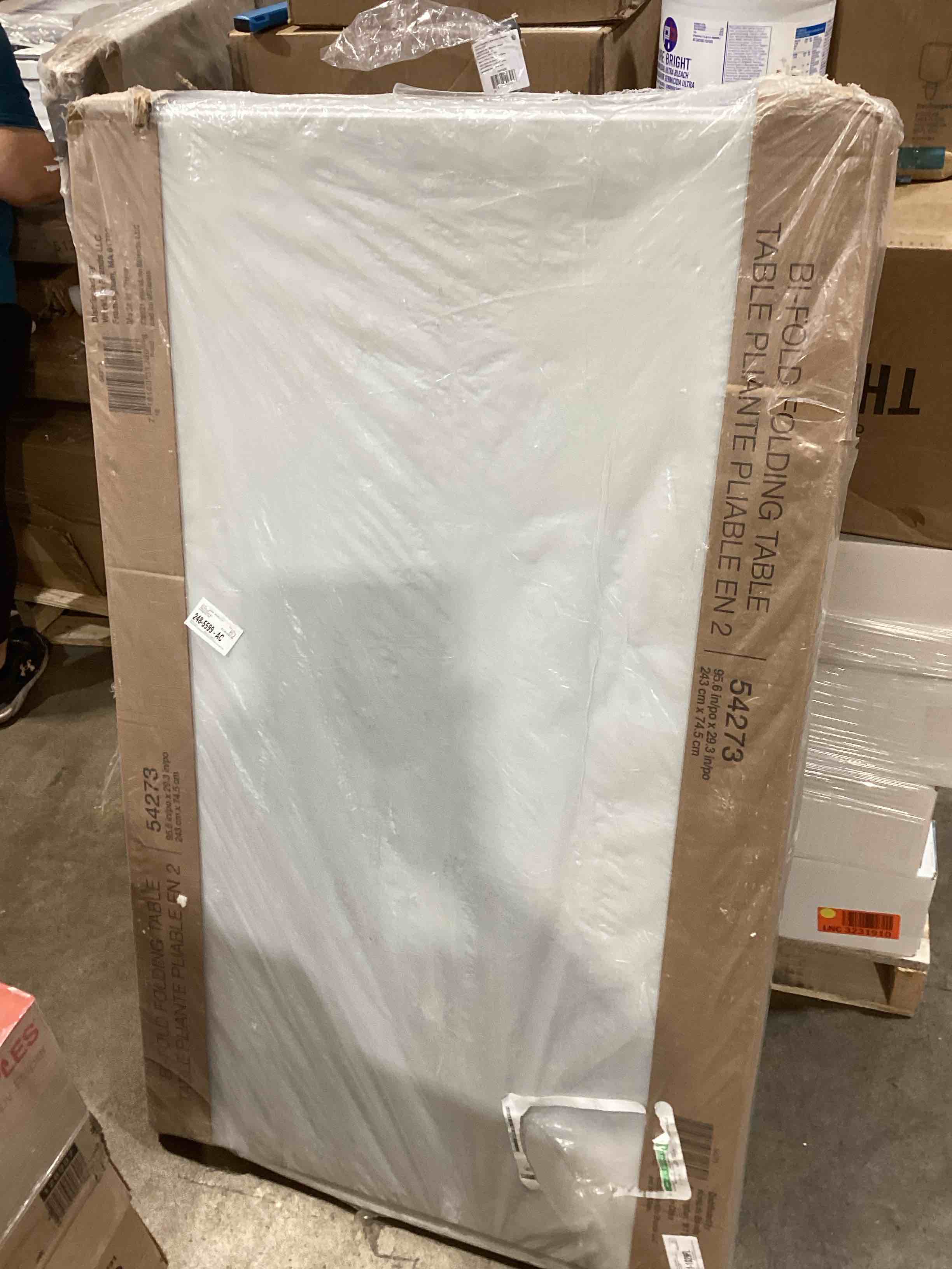 Condition photo showing Good Condition for staples folding table, 96"l x 30"w, platinum (79158)