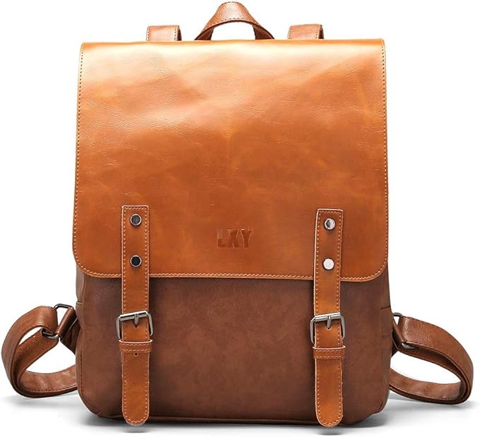 lxy vegan leather backpack vintage laptop bookbag for women men, brown faux leather backpack purse bookbag weekend travel daypack