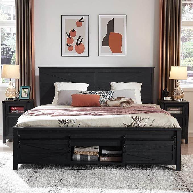 Argana Farmhouse Wood Bed Frame with Headboard and Sliding Barn Door Storage Cabinets Color: Brown, Size: Queen