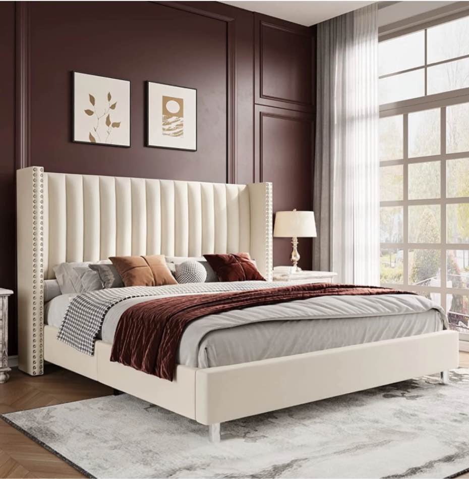 VANACC King Bed Frame with Raised Wingback Headboard,Velvet Upholstered,No Box Spring Required,Cream