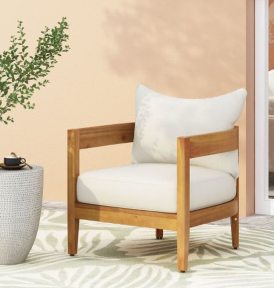Acacia Wood Club Chair with Tub Shape and Water-Resistant Cushion In Teak and Beige