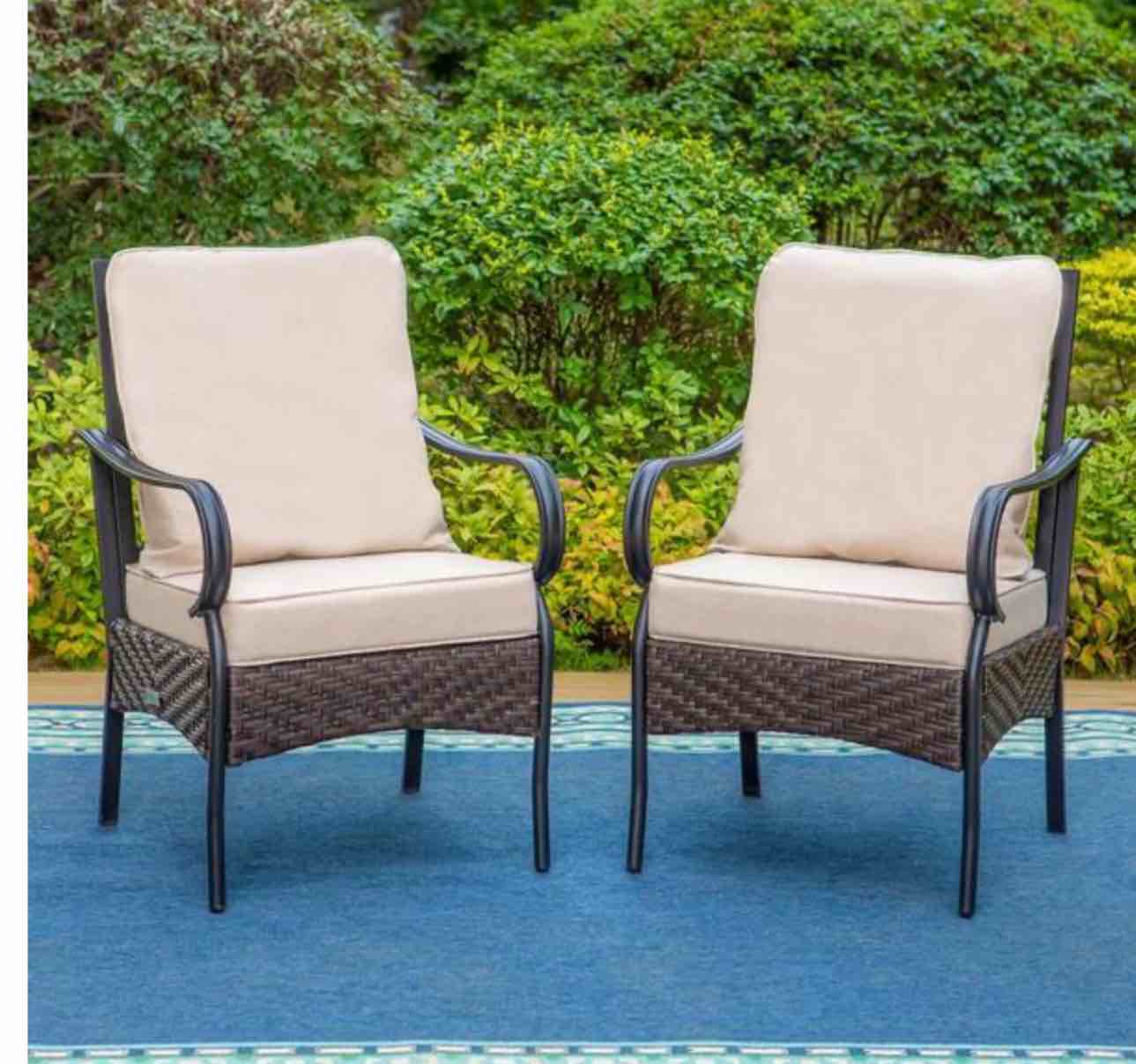 Black Metal Frame Outdoor Dining Chair with Beige Cushions (2-Pack)