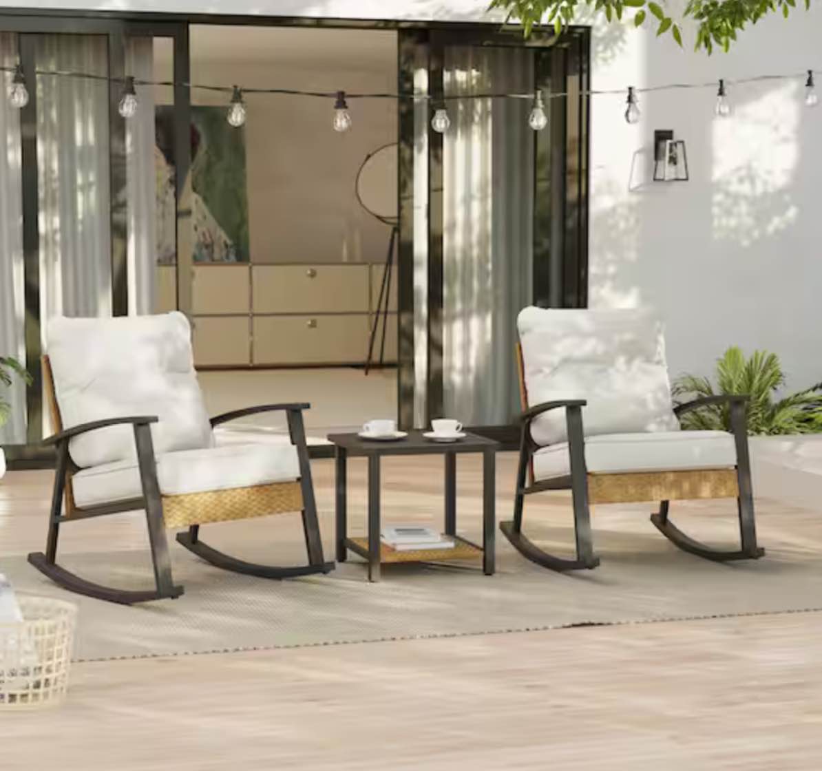 3-Piece Steel Frame Patio Bistro Set, Rocking Chair Modern Patio Furniture Sets with Side Table and Beige Cushions