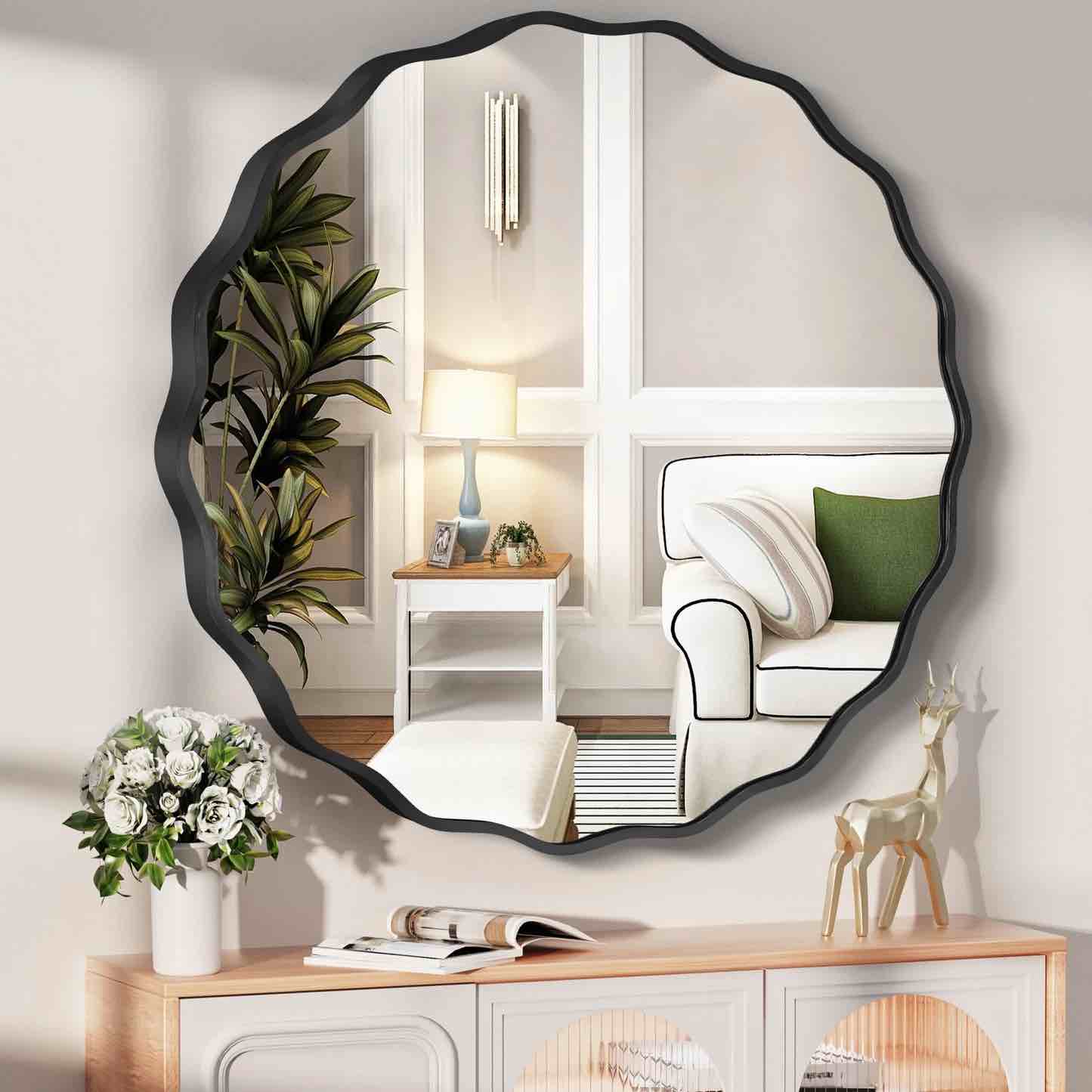 TEWLOSS Round Mirrors Wall Mirror 24" Wavy Mirror for Bathroom Black Aluminum Alloy Framed